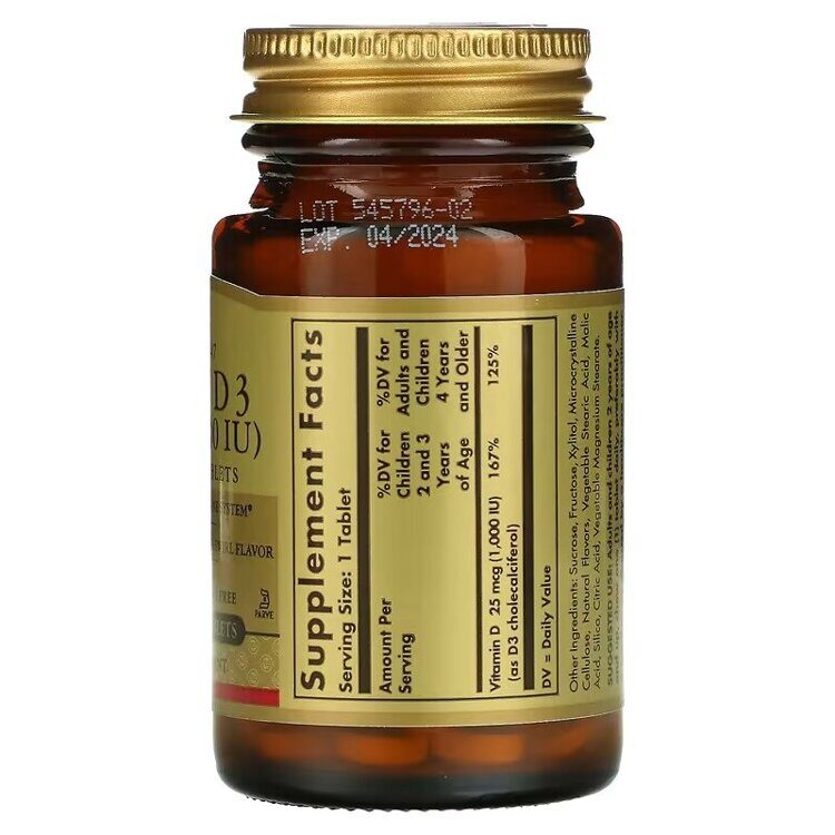 Solgar - Vitamin D3, Natural Strawberry Banana Swirl, 25 mcg (1,000 IU), 100 Chewable Tablets